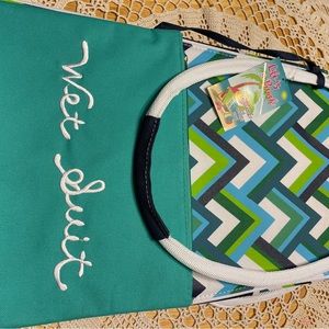 Insulated beach bag with wet suit pouch attached.